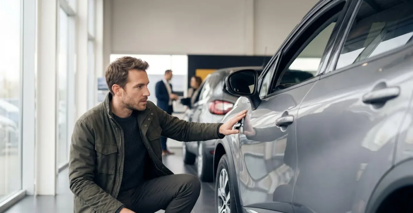 Personne inspectant attentivement une voiture d'occasion dans une concession automobile