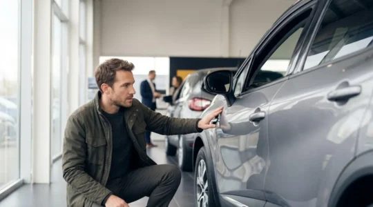 Personne inspectant attentivement une voiture d'occasion dans une concession automobile