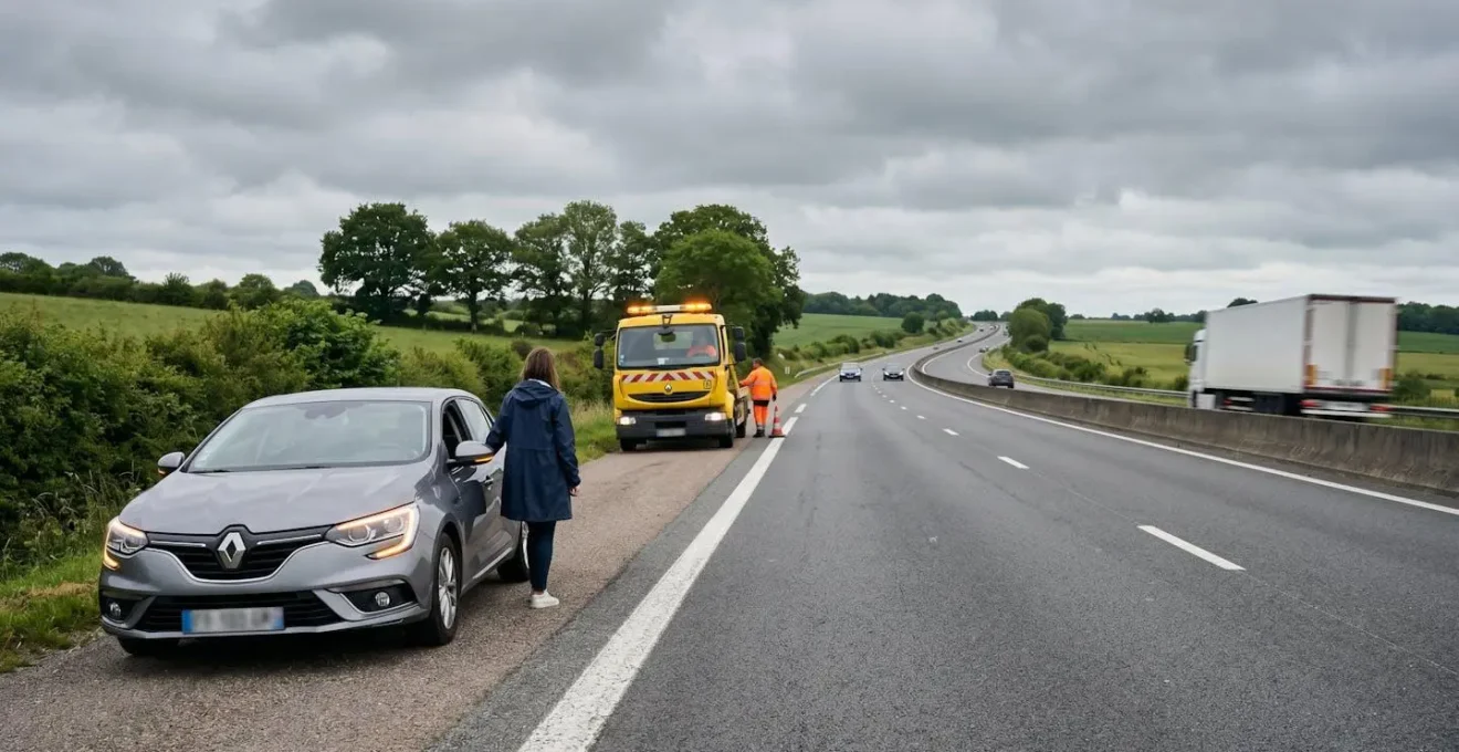 Vue professionnelle d'une scène d'assistance routière sur route française avec véhicule et dépanneuse en arrière-plan flou