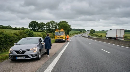 Vue professionnelle d'une scène d'assistance routière sur route française avec véhicule et dépanneuse en arrière-plan flou