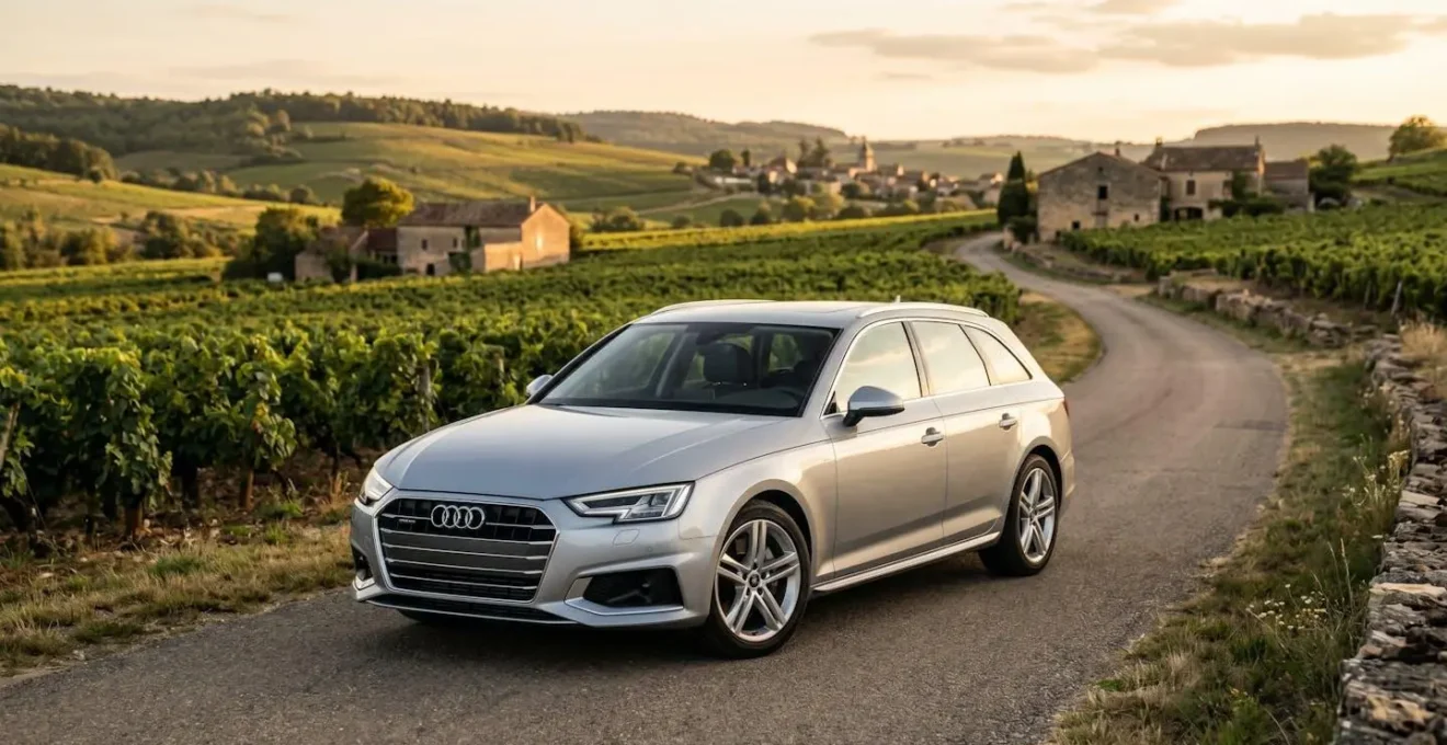 Vue d'ensemble d'une Audi A4 Quattro d'occasion dans un environnement français élégant, illustrant l'accessibilité de la technologie premium