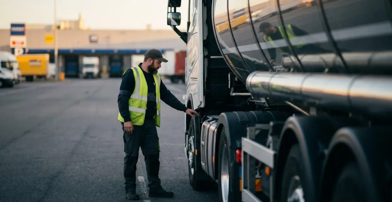 Conducteur professionnel de poids lourd spécialisé ADR vérifiant sa citerne de transport de matières dangereuses