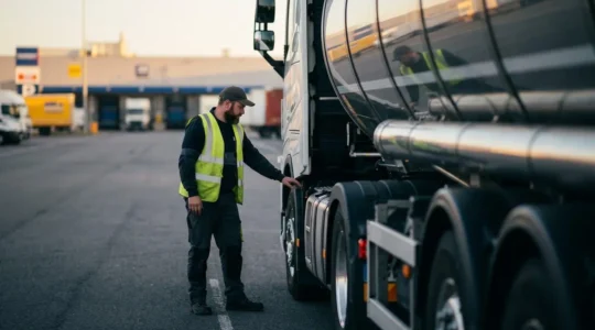 Conducteur professionnel de poids lourd spécialisé ADR vérifiant sa citerne de transport de matières dangereuses