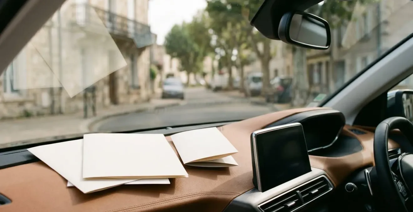 Documents officiels de véhicule français avec carte grise et permis de conduire sur tableau de bord, composition minimaliste