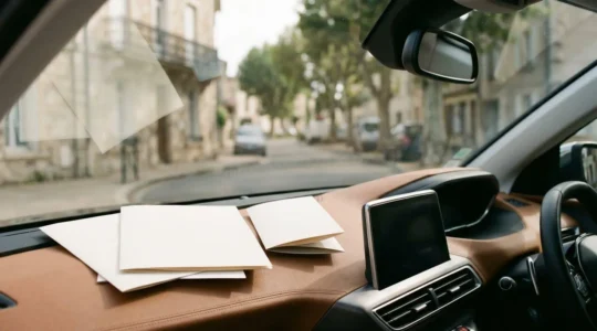 Documents officiels de véhicule français avec carte grise et permis de conduire sur tableau de bord, composition minimaliste