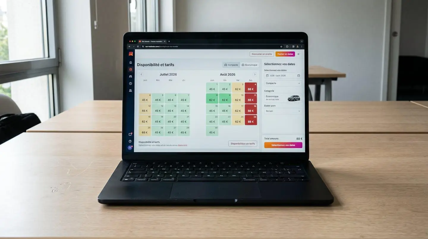 Écran d'ordinateur affichant un calendrier de réservation de location avec variations de tarifs selon les dates sélectionnées