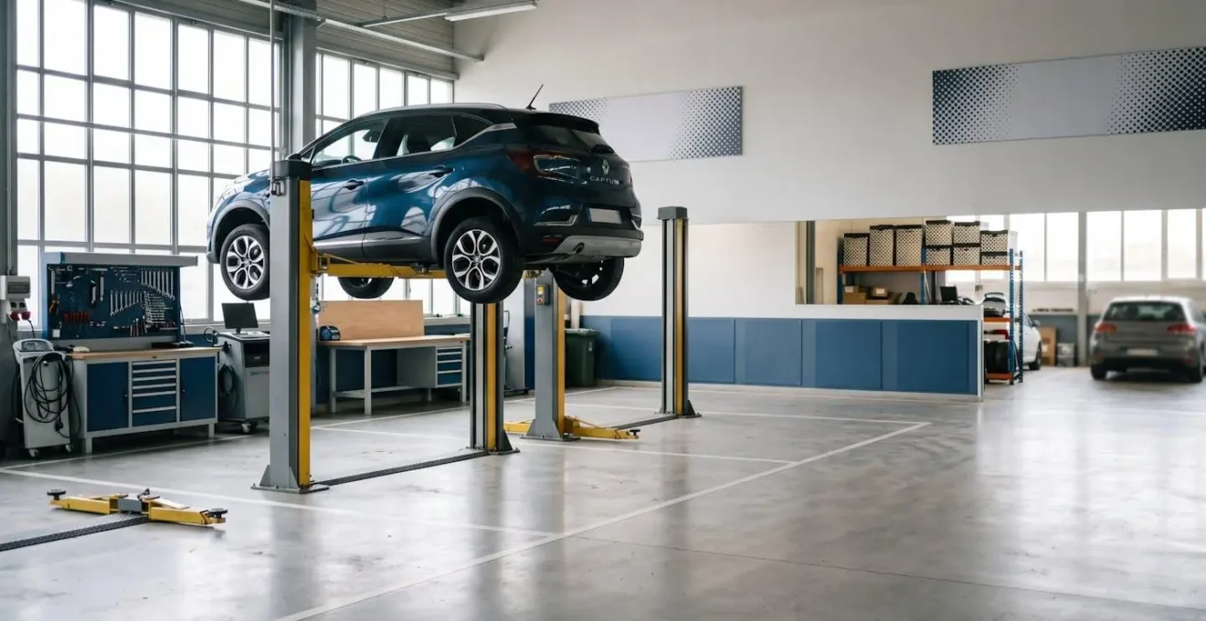 Scène d'entretien automobile professionnel avec véhicule sur pont élévateur dans un garage moderne