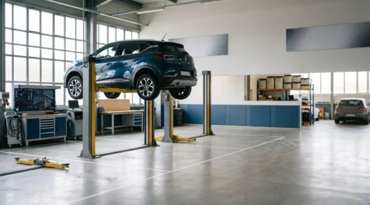 Scène d'entretien automobile professionnel avec véhicule sur pont élévateur dans un garage moderne