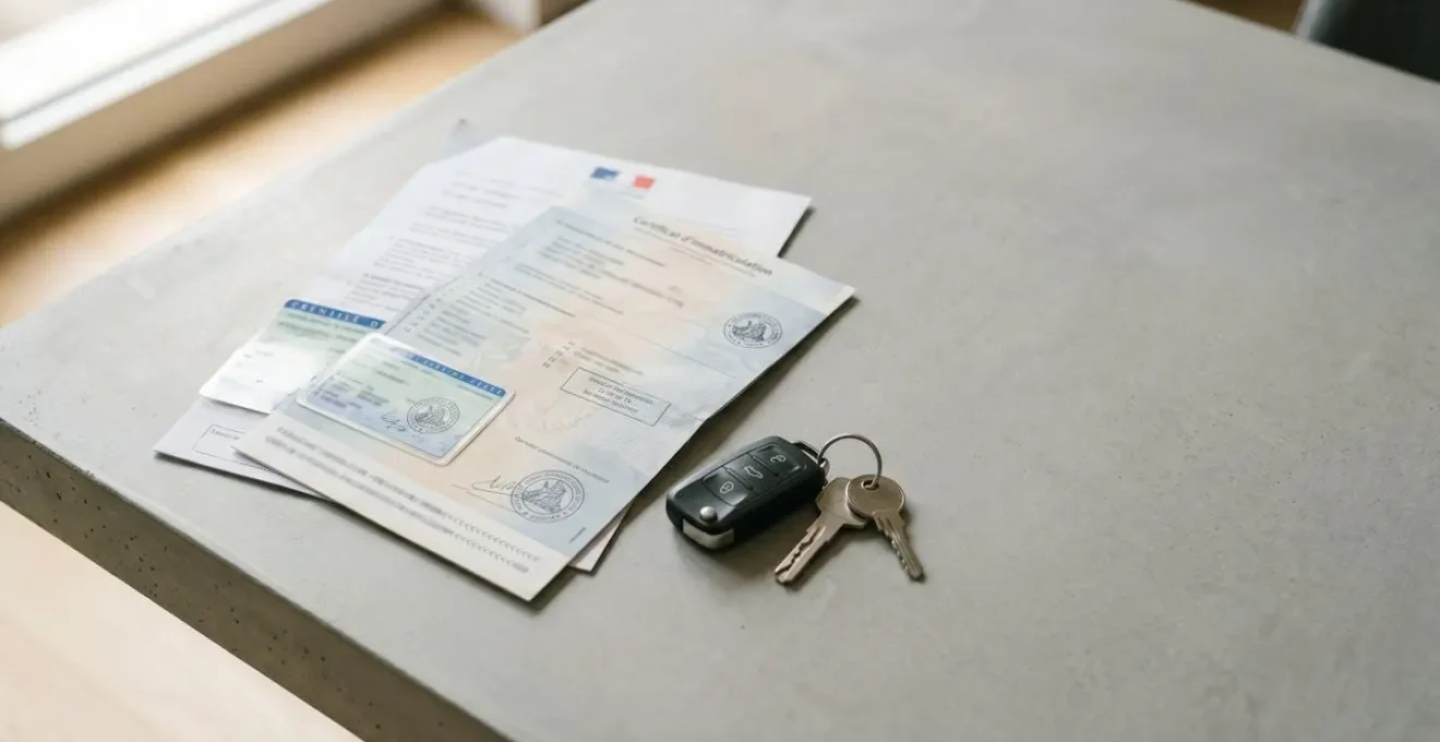 Documents officiels de carte grise française avec clés de voiture sur bureau moderne