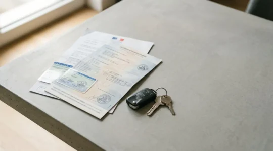 Documents officiels de carte grise française avec clés de voiture sur bureau moderne