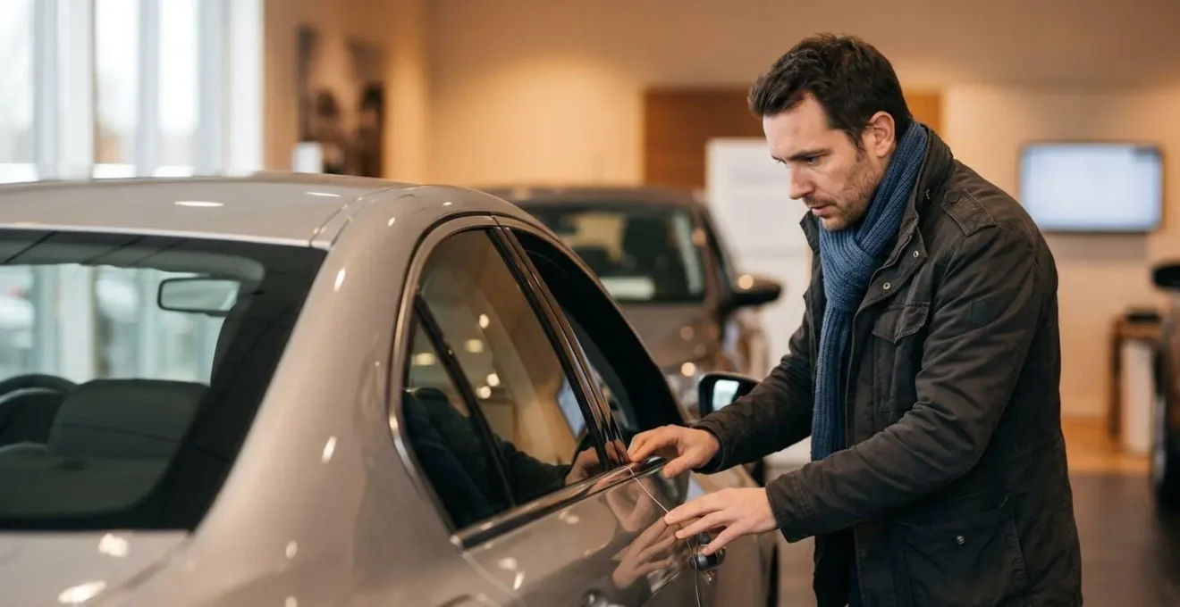 Un acheteur inspectant attentivement une voiture d'occasion dans un environnement de garage professionnel