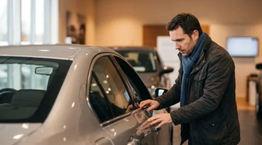 Un acheteur inspectant attentivement une voiture d'occasion dans un environnement de garage professionnel