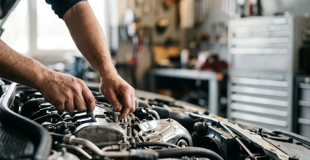 Mains d'un mécanicien effectuant un contrôle préventif sur un moteur de voiture moderne en France