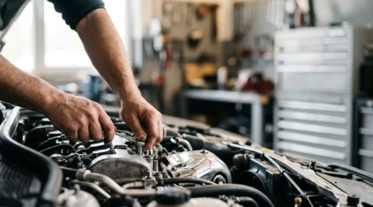 Mains d'un mécanicien effectuant un contrôle préventif sur un moteur de voiture moderne en France