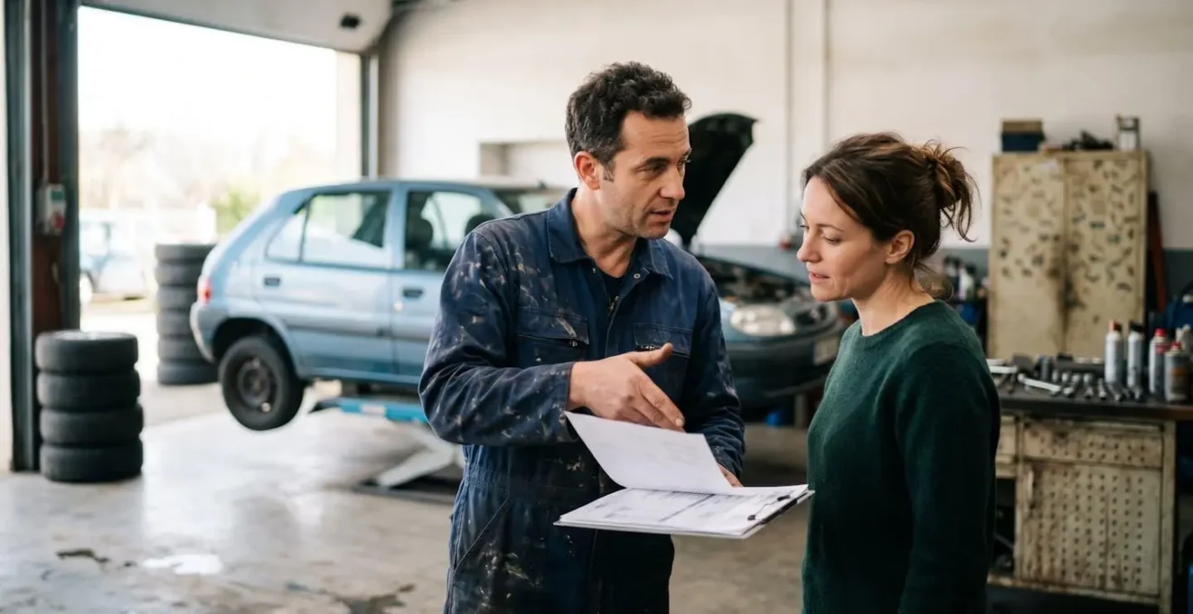 Garagiste professionnel expliquant un devis détaillé à un client dans un atelier automobile français
