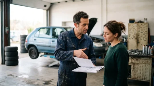 Garagiste professionnel expliquant un devis détaillé à un client dans un atelier automobile français