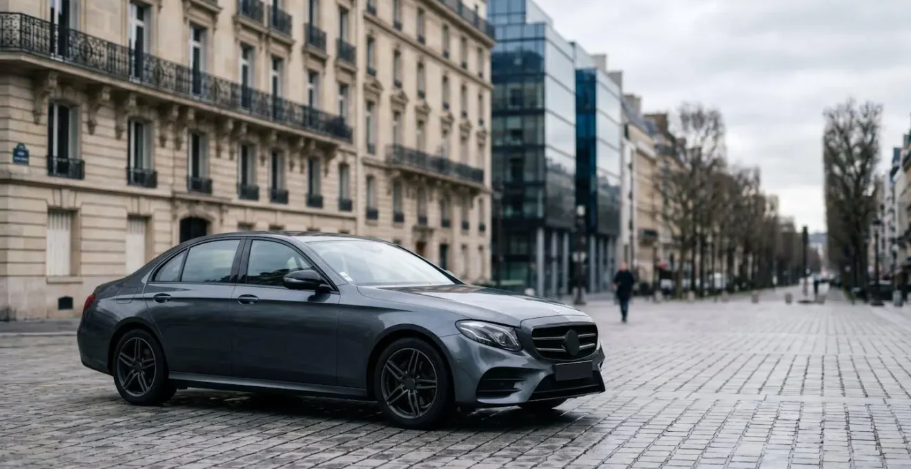 Mercedes Classe E berline garée dans un environnement professionnel français, symbole d'élégance et de performance pour commerciaux
