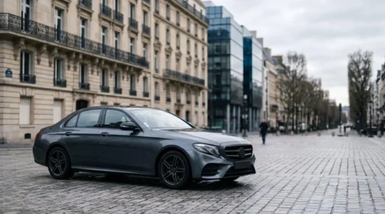 Mercedes Classe E berline garée dans un environnement professionnel français, symbole d'élégance et de performance pour commerciaux