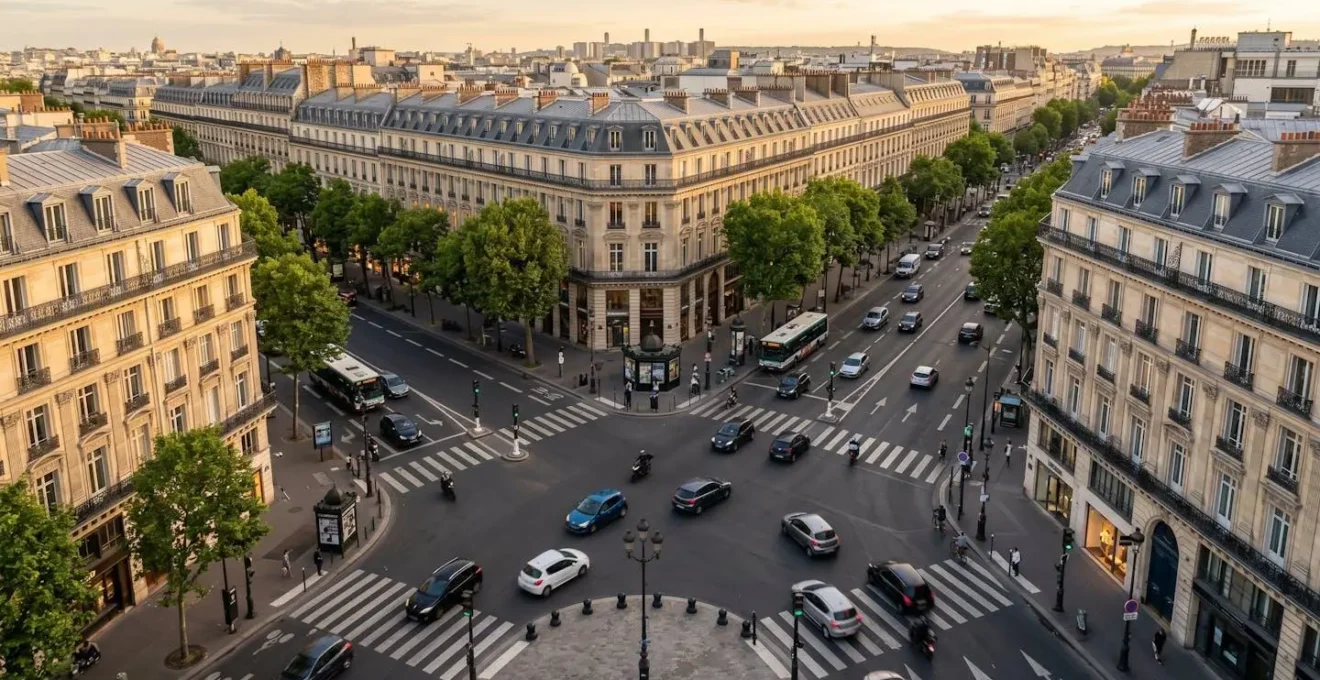 Vue aérienne d'un carrefour urbain français avec circulation fluide et feux de signalisation synchronisés