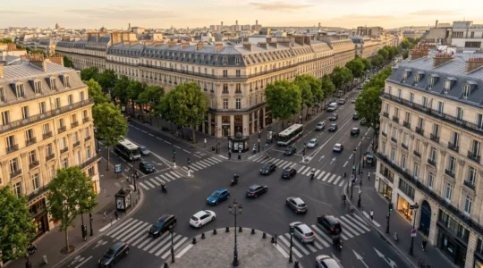 Vue aérienne d'un carrefour urbain français avec circulation fluide et feux de signalisation synchronisés