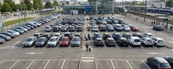 Parking d'agence de location de voitures près d'une gare avec plusieurs véhicules de catégories variées alignés dans des emplacements marqués