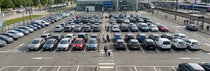 Parking d'agence de location de voitures près d'une gare avec plusieurs véhicules de catégories variées alignés dans des emplacements marqués