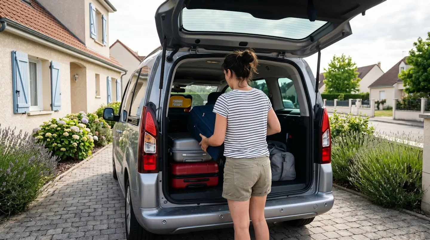 Personne chargeant des valises dans le coffre ouvert d'un monospace familial garé dans une allée résidentielle