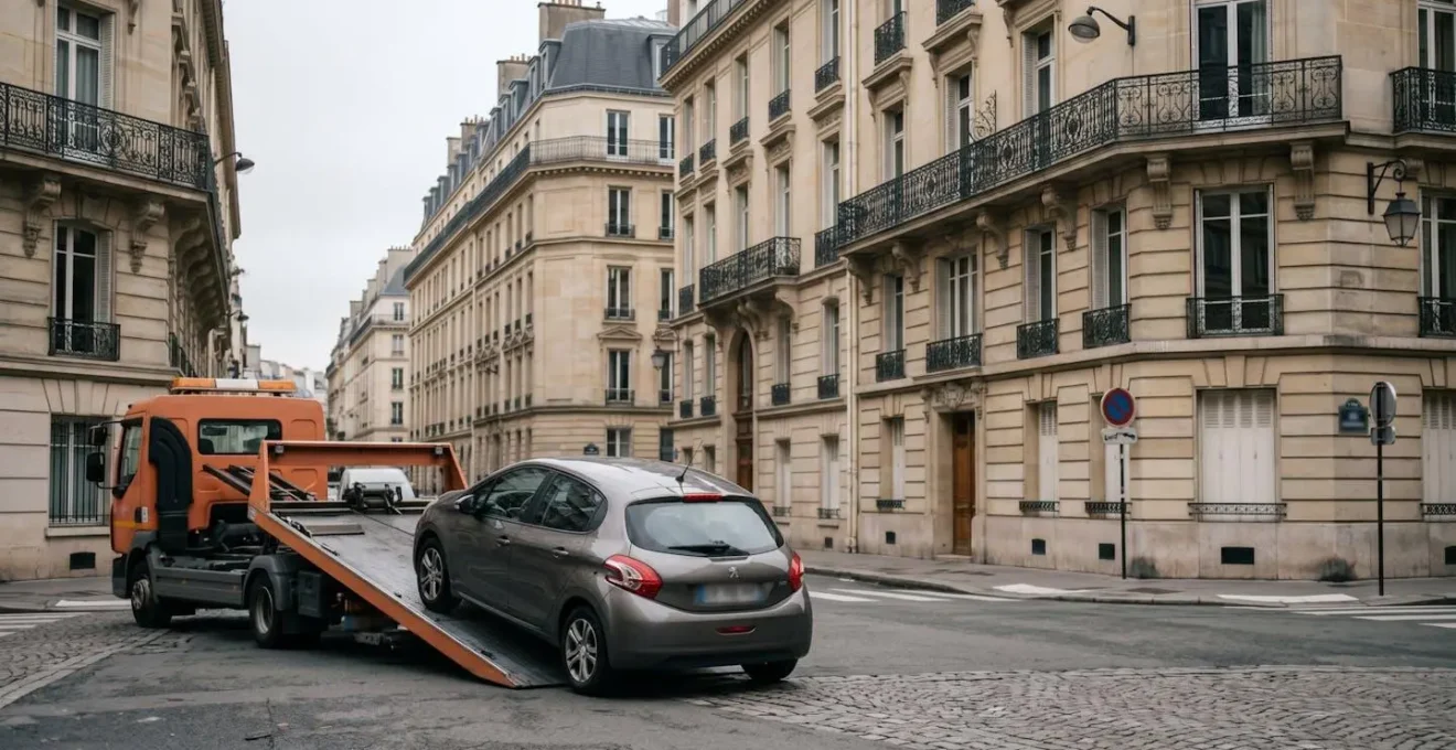 Dépanneuse en action pour enlèvement de véhicule, vue d'ensemble urbaine française