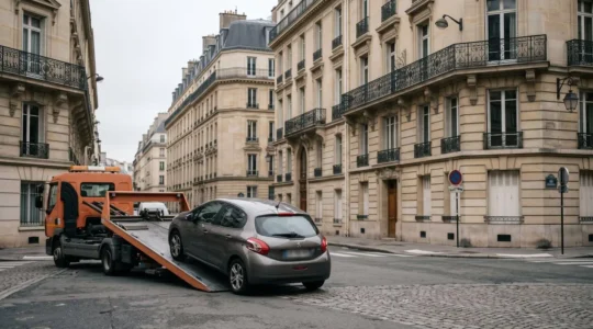 Dépanneuse en action pour enlèvement de véhicule, vue d'ensemble urbaine française