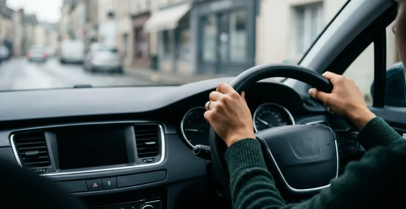 Gros plan sur les mains d'un conducteur sur un volant de voiture avec des éléments visuels évoquant les règles de conduite et la sécurité routière en France