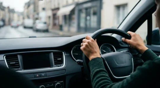 Gros plan sur les mains d'un conducteur sur un volant de voiture avec des éléments visuels évoquant les règles de conduite et la sécurité routière en France