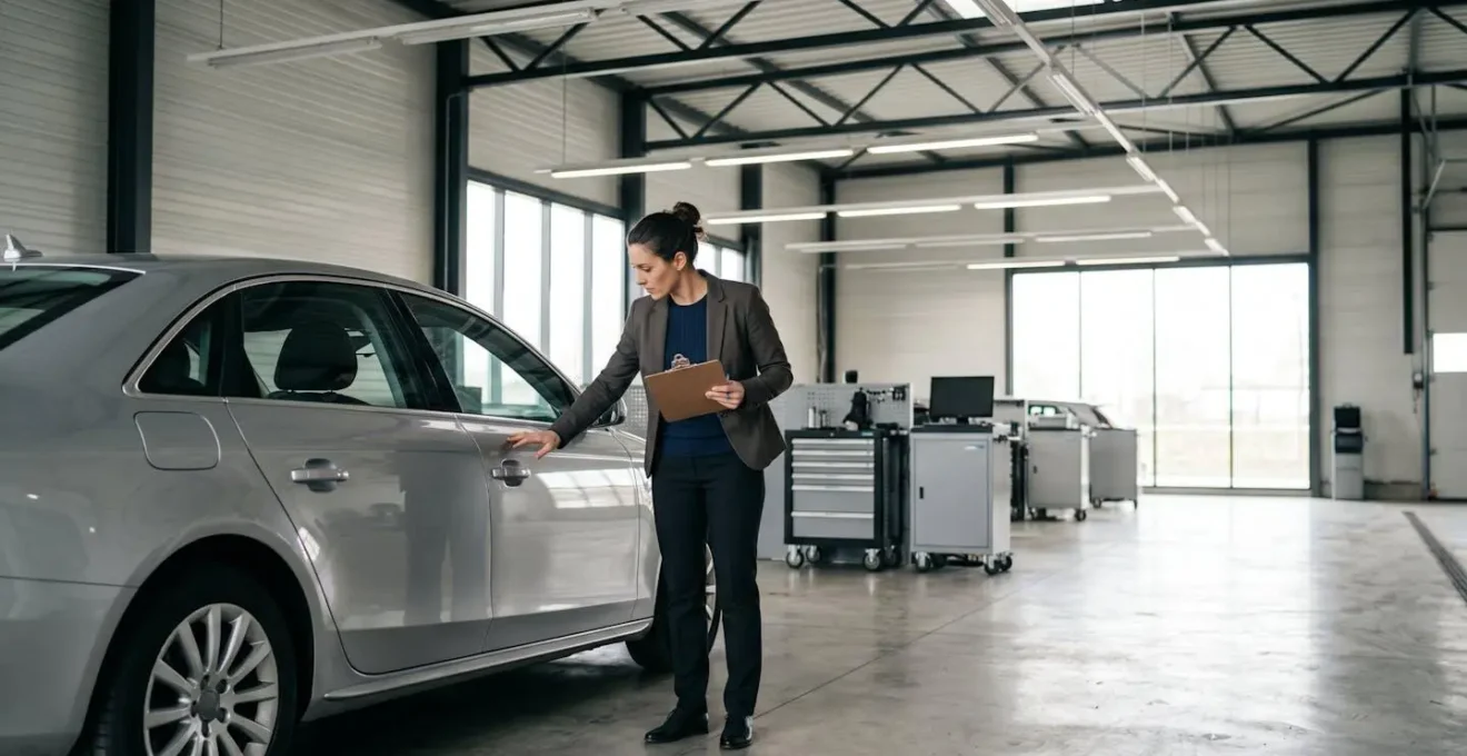 Expert automobile inspectant minutieusement la carrosserie d'un véhicule lors d'une restitution de leasing