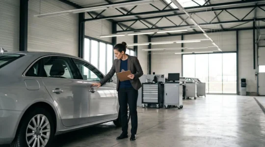 Expert automobile inspectant minutieusement la carrosserie d'un véhicule lors d'une restitution de leasing