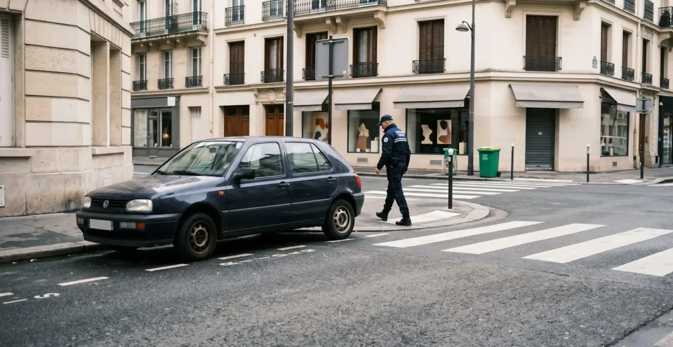 Véhicule stationné de manière gênante devant un passage piéton avec agent de verbalisation