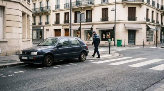 Véhicule stationné de manière gênante devant un passage piéton avec agent de verbalisation