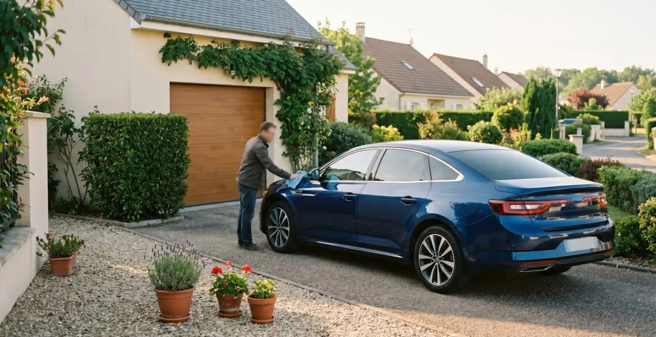 Vendeur particulier préparant sa voiture pour la vente avec soin et professionnalisme