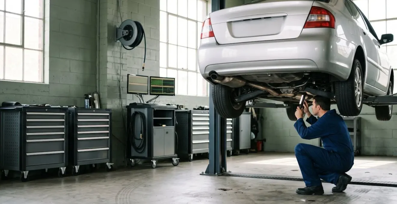 Inspection détaillée d'une voiture d'occasion dans un garage professionnel en France