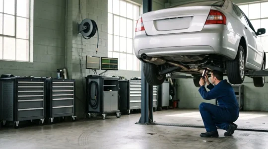 Inspection détaillée d'une voiture d'occasion dans un garage professionnel en France