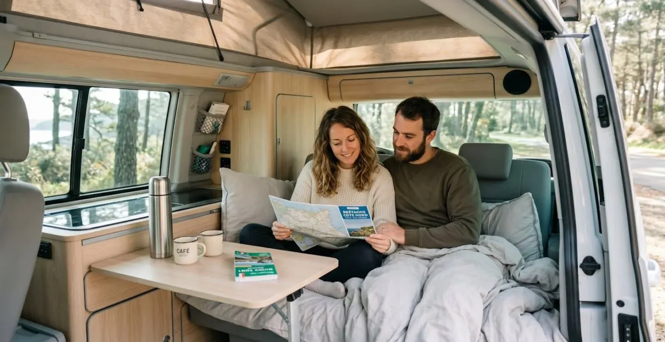 Couple assis confortablement dans l'espace couchage aménagé d'un van compact avec table dépliée et carte routière, lumière naturelle douce entrant par les fenêtres latérales