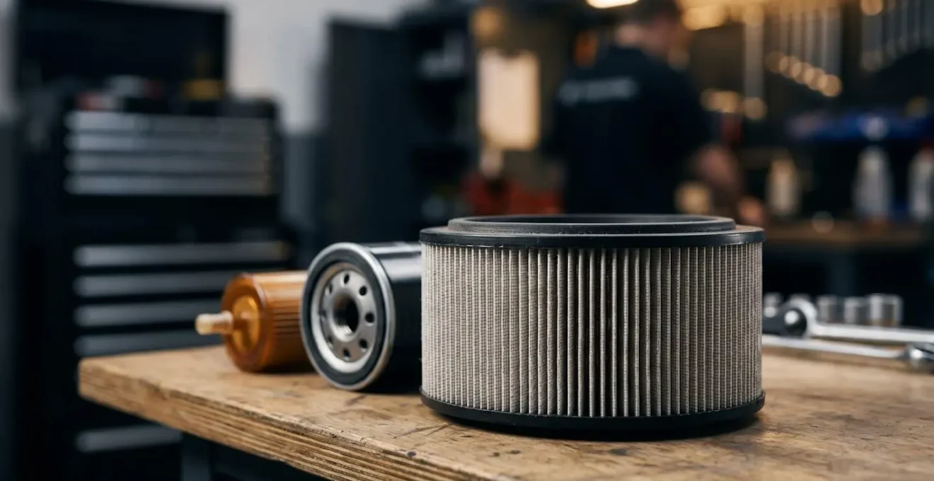 Gros plan photographique sur des filtres moteur automobile neufs disposés sur un établi de garage professionnel