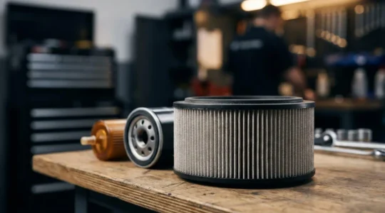 Gros plan photographique sur des filtres moteur automobile neufs disposés sur un établi de garage professionnel