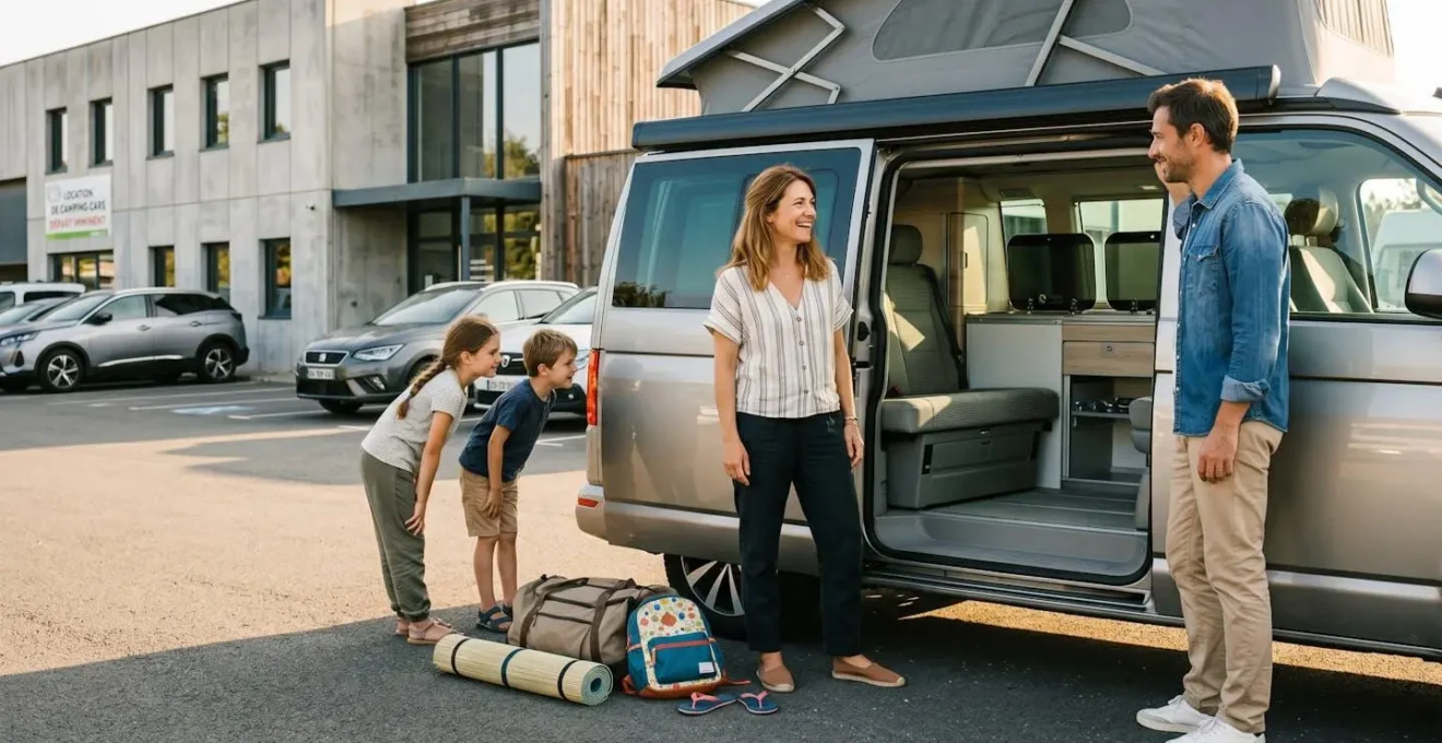 Famille de quatre personnes découvrant l'intérieur d'un van aménagé moderne portes ouvertes dans un parking d'agence de location parisienne, sacs de voyage au sol, lumière dorée de fin d'après-midi