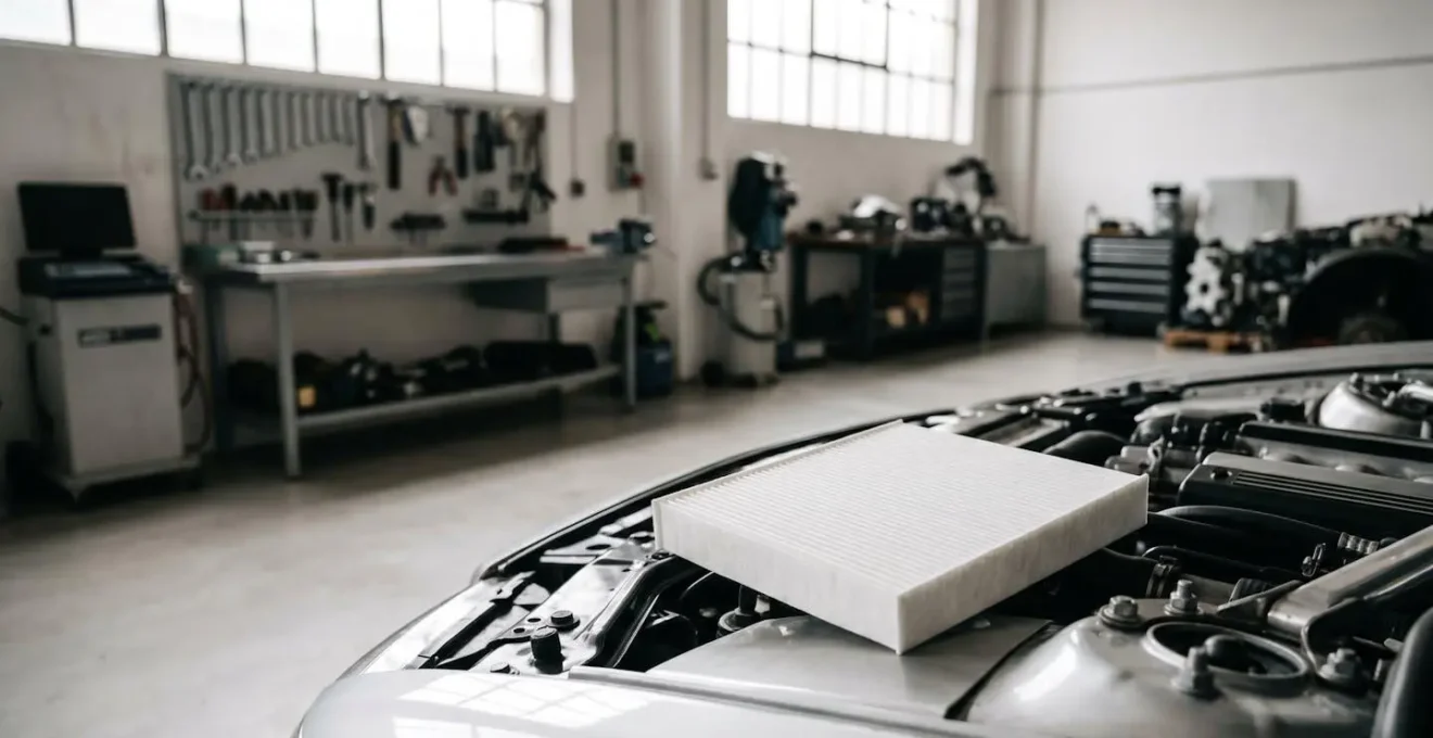 Filtre à air automobile neuf posé sur compartiment moteur avec outils de remplacement