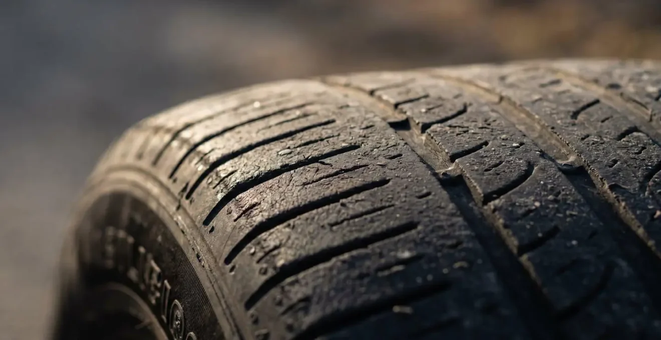 Gros plan d'un pneu de voiture montrant une usure inégale et prématurée sur la bande de roulement