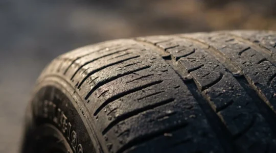 Gros plan d'un pneu de voiture montrant une usure inégale et prématurée sur la bande de roulement