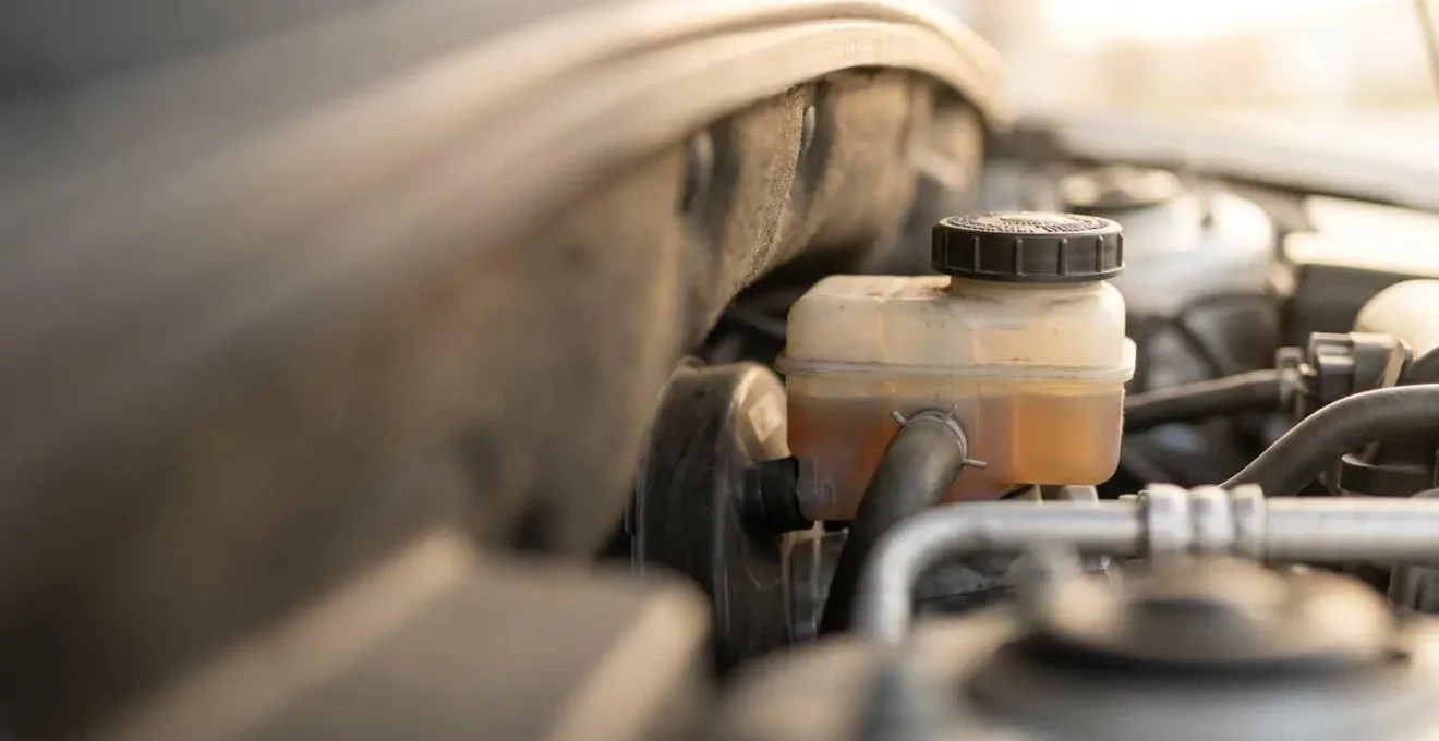 Vue en gros plan du réservoir de liquide de frein transparent sous le capot d'une voiture, montrant le niveau et la couleur ambrée du liquide