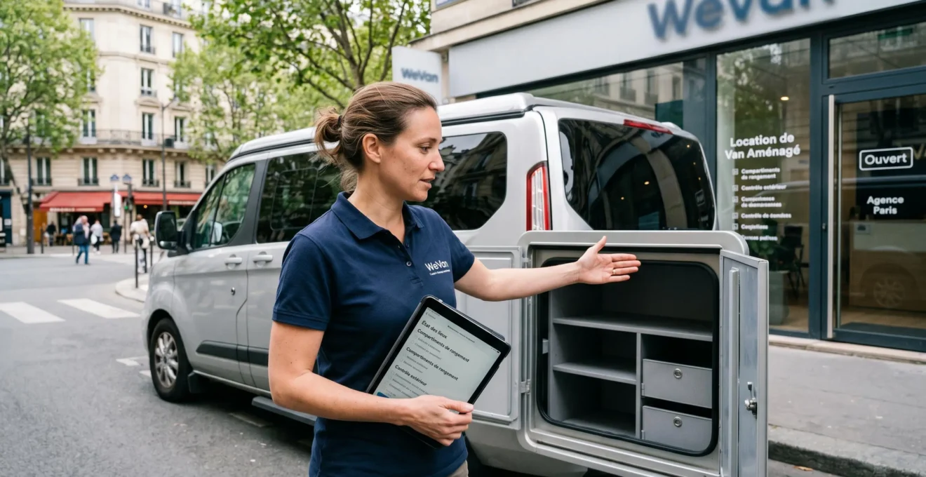 Technicien d'agence de location présentant les soutes de rangement latérales ouvertes d'un van Ford Nugget devant la façade d'une agence parisienne