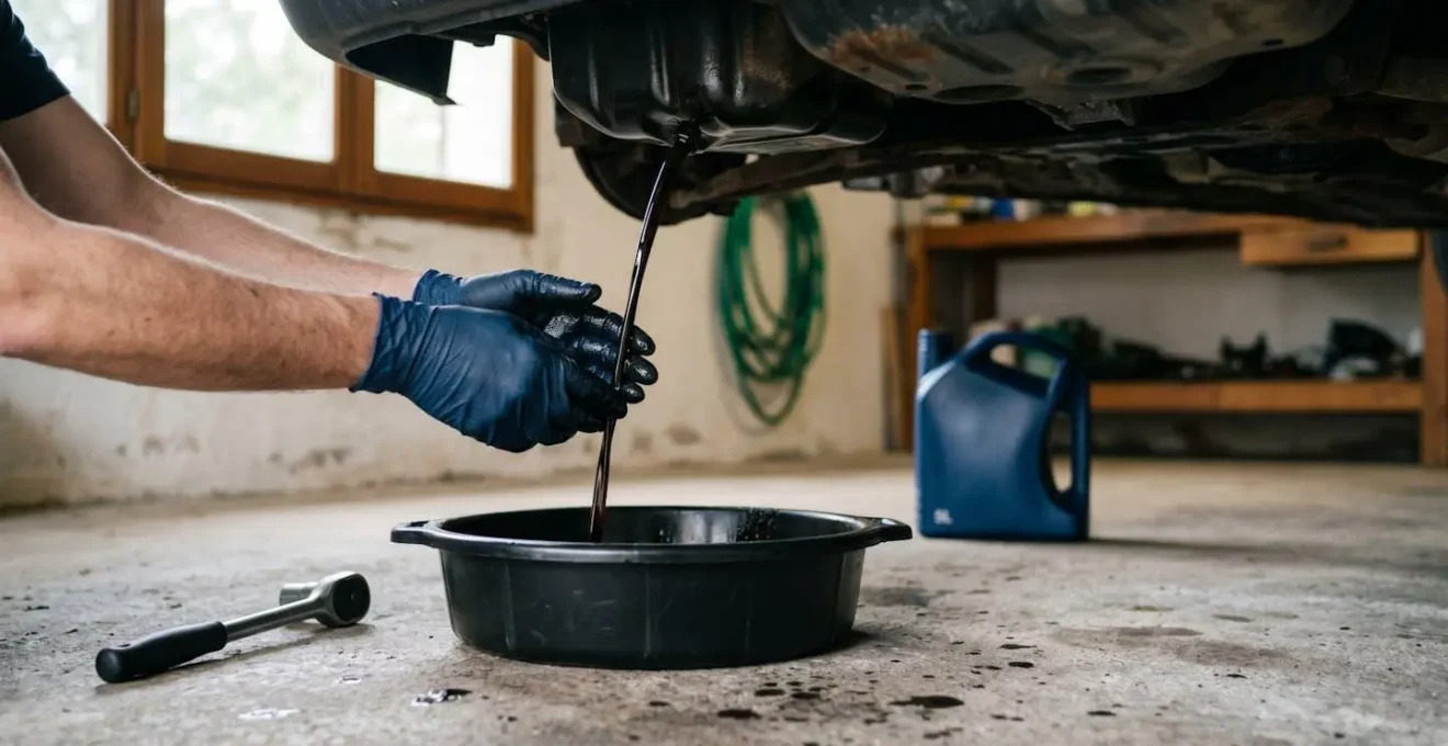 Professionnel ou particulier réalisant une vidange automobile dans un garage privé avec outils et bidon d'huile moteur