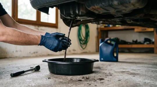 Professionnel ou particulier réalisant une vidange automobile dans un garage privé avec outils et bidon d'huile moteur