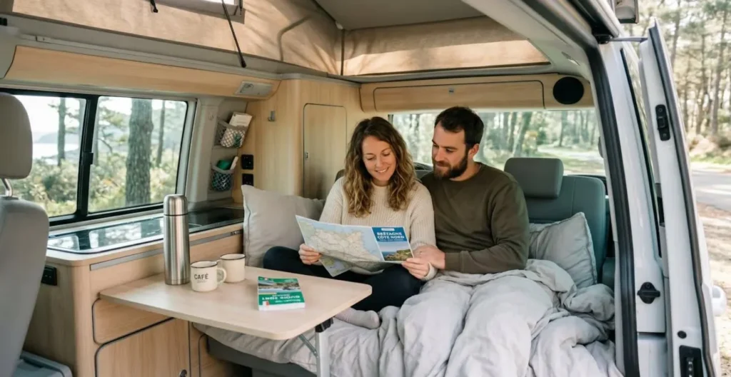 Couple assis confortablement dans l'espace couchage aménagé d'un van compact avec table dépliée et carte routière, lumière naturelle douce entrant par les fenêtres latérales Couple assis confortablement dans l'espace couchage aménagé d'un van compact avec table dépliée et carte routière, lumière naturelle douce entrant par les fenêtres latérales